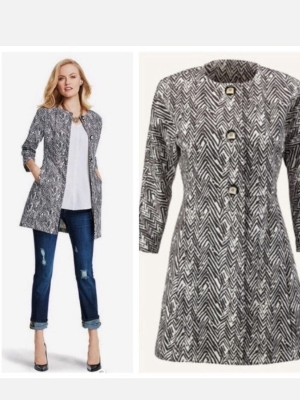 CAbi Zig Zag Ponte Knit Longline Topper Jacket Gray/ White Button Front #3034 LG